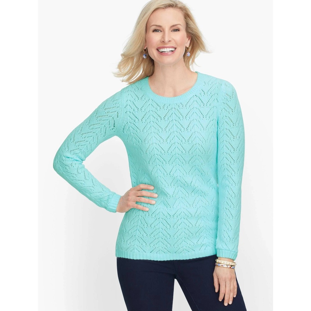 Talbots Women XL Blue Pointelle Knit Sweater Chevron Eyelet Crew Neck Pullover